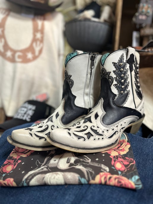 Corral - White/Black Overlay Stud Ankle Boot