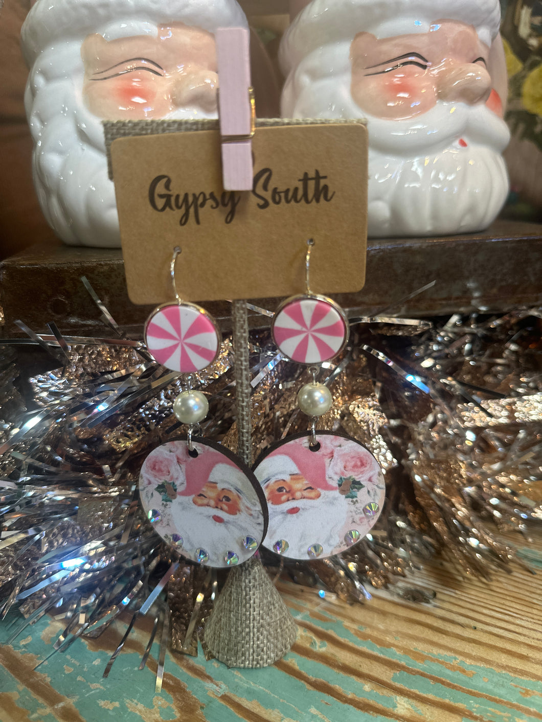 Pink Santa W/Peppermint Earring