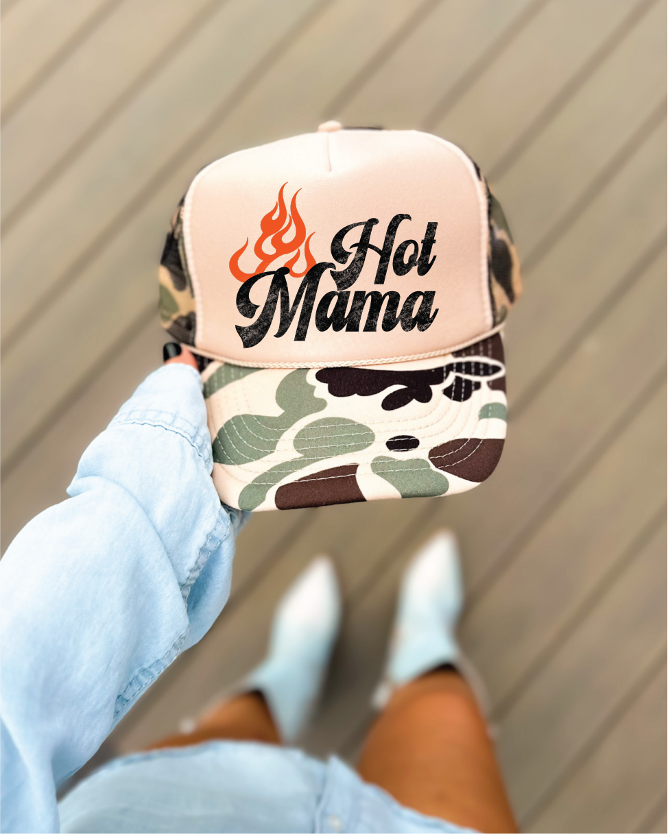 Hot Mama DTF Printed Duck Camo and Tan Trucker Hat