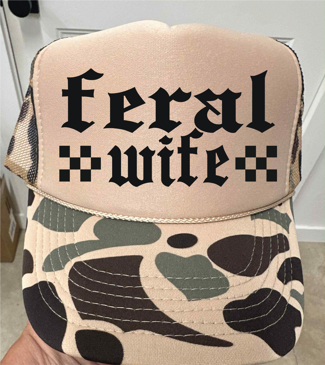 Feral Wife DTF Printed Duck Camo and Tan Trucker Hat